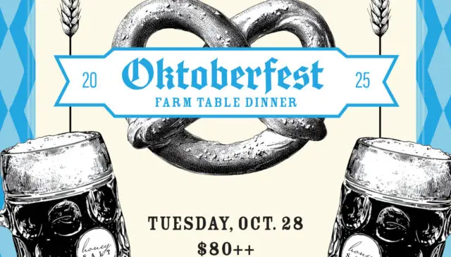 The feature image for Honey Salt's Oktoberfest Farm Table Dinner with a blue and beige pattern and featuring an image of a pretzel and two steins of beer