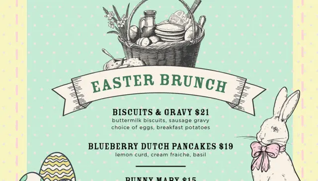Honey Salt's East Brunch square graphic with Easter themed colours and illustrations
