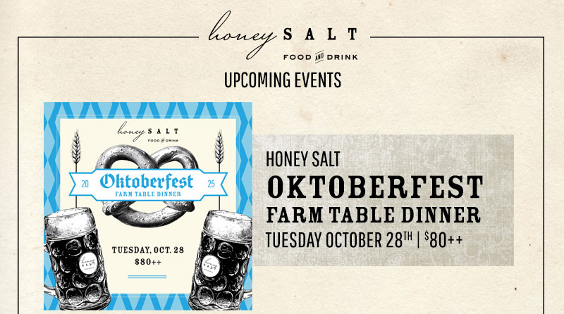 A promotional graphic for Honey Salt restaurant advertises upcoming High Holidays events, offering a three-course dinner for dine-in or to-go during Rosh Hashanah (Sep 22–23) and Yom Kippur (Oct 1 & 2).