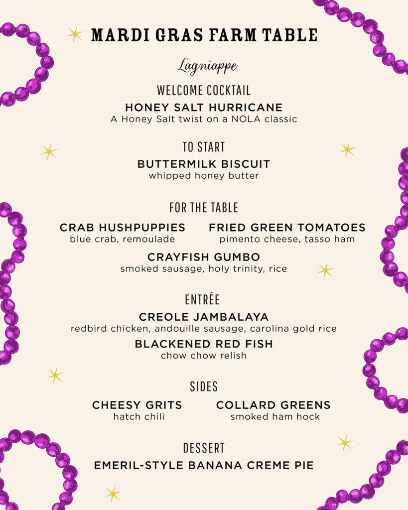 Honey Salt's Mardi Gras Farm Table Dinner Menu with purple beads around the border