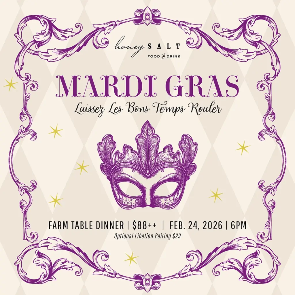 Honey Salt's graphic for Madi Gras Farm Table Dinner featuring an illustration of a purple Venetian Mask