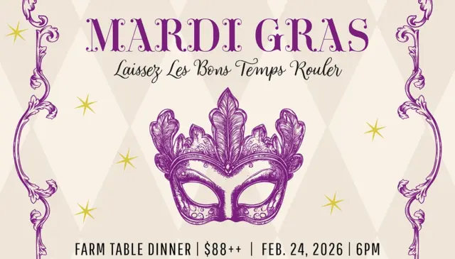Honey Salt's graphic for Madi Gras Farm Table Dinner featuring an illustration of a purple Venetian Mask