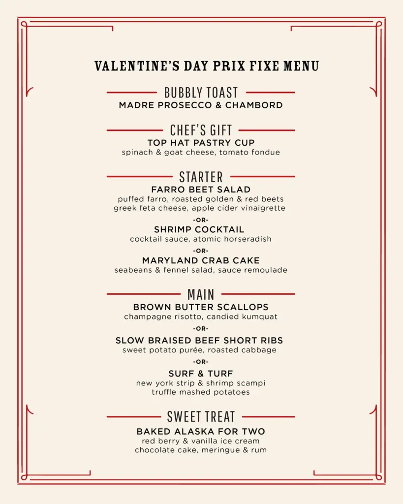 Honey Salt's Valentine's Day Prix Fixe Menu with a selection of starters, mains, dessert and more