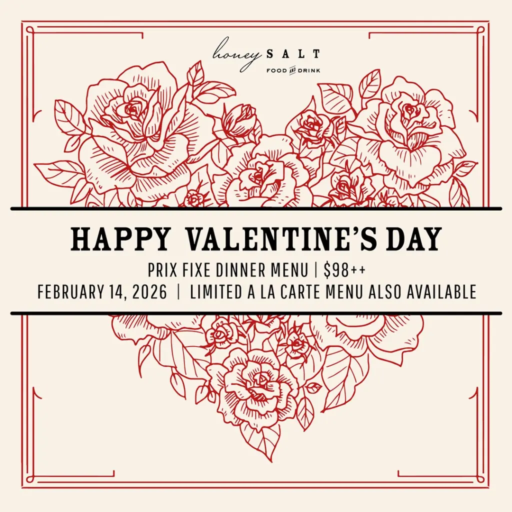 Honey Salt's Valentine's Day Dinner graphic featuring an Illustration of red roses shaped in a heart