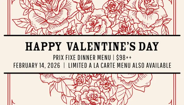 Honey Salt's Valentine's Day Dinner graphic featuring an Illustration of red roses shaped in a heart