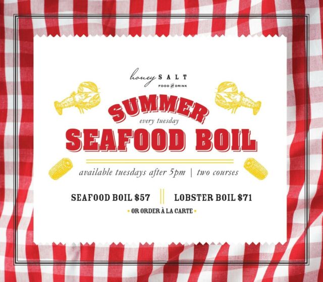 Our 3 favorite words of the season. Summer. Seafood. Boil. Make your reservations every Tuesday to enjoy a traditional seafood or Lobster boil, served with panzanella or sticky iberico ribs.
