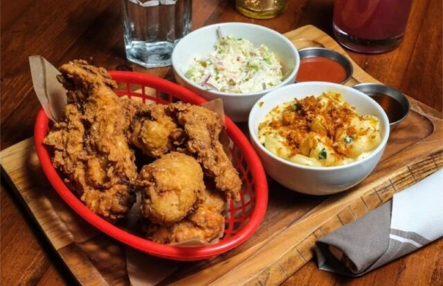 Fried Chicken with alllllll the fixings! Mac & Cheese, Coleslaw, hot sauce, and honey. We'll see you for dinner.