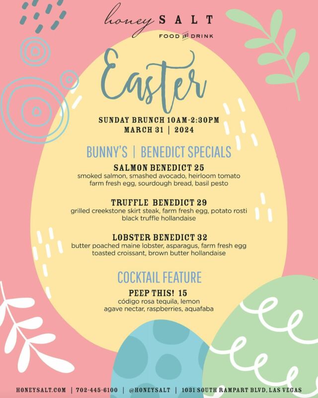 Hop on over for an egg-citing Easter Sunday brunch you won’t want to miss! Enjoy delicious dishes like Salmon, Truffle, or Lobster Benedicts, and sip on our festive Peep This! cocktail. Don’t forget about our egg hunts at 11am and 1pm on the patio! Bring your own basket and let the kids join in on the fun. Reservations and dining are required, so book your spot today for a taste of Spring.