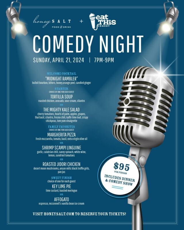 Back by popular demand! On Sunday, April 21st, join us for our beloved Comedy Night in partnership with Eat This Comedy! Start your evening by sipping on a Midnight Rambler, followed by a dinner complete with all of your Honey Salt favorites, and finished with a Jason Harris and friends comedy show! Tickets will go fast so be sure to get them before they’re gone at link in bio.