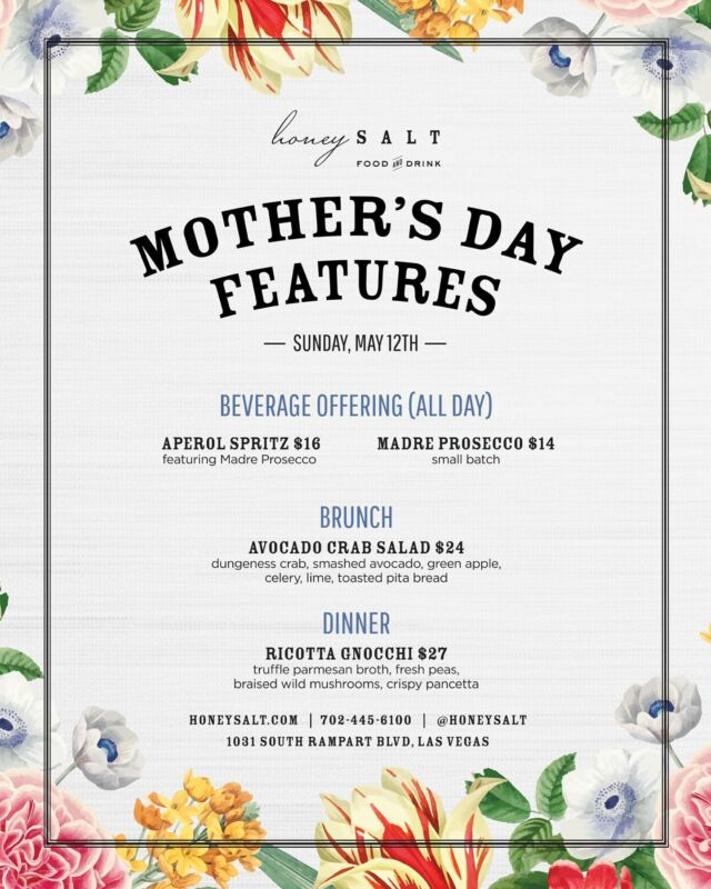 It’s time to celebrate our favorite ladies! Join us on Sunday, May 12 to enjoy our feature dishes in honor of Mom. Start with an Aperol Spritz or Madre Prosecco, followed by an Avocado Crab Salad for brunch and a delicious Ricotta Gnocchi for dinner. Make your reservations today!