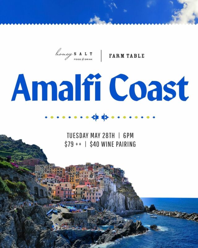 Get ready for a magical evening on May 28th at Honey Salt, where we’ll transport you to the Amalfi Coast for our next Farm Table dinner! Kick things off with some delicious Antipasto and focaccia. Then, dive into a delightful Zappa di Pesce, followed by Gnocchi alla Sorrentino and Swordfish alla Acqua Pazza, and cap the night off with our delectable House-Made Cannoli! Click link in bio to reserve your spot before they’re gone!