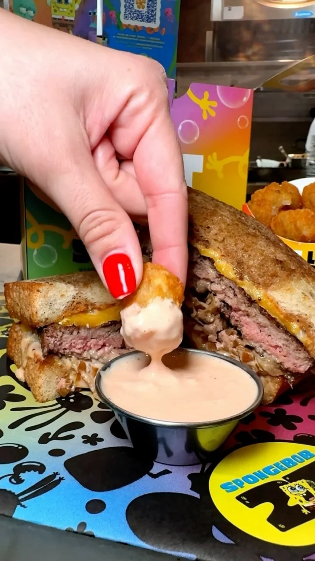 ONLY A FEW DAYS REMAIN // Try our interpretation of the famous Krabby Patty, served in a commemorative SpongeBob Box in honor of the 25th anniversary! Available now through October 27th, enjoy our Bikini Bottom Melt: beef patty, marble rye, yellow cheddar, and caramelized onion, served with tater tots and secret formula sauce!