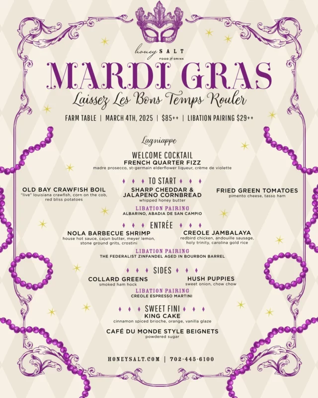 The countdown is on! Only ONE WEEK until our Mardi Gras Farm Table dinner, and trust us, you won’t want to miss this feast! 💜💚💛  We’ve got an unforgettable evening planned, featuring a spicy and savory Crawfish Boil, paired with warm, cheesy Sharp Cheddar & Jalapeño Cornbread. For our entrees we’re serving up hearty, flavorful dishes like Creole Jambalaya that’ll make you feel like you’re in the heart of New Orleans. And to keep things festive, we’ve handpicked the perfect libation pairings to complement every bite. Finally, we’ll end the night on a sweet note with Café Du Monde-style Beignets and King Cake, the ultimate Mardi Gras tradition!⚜️🎭  Let’s eat and drink our way into a night full of festive fun and flavor. Link is in our bio to book your reservation! See you there, and let the good times roll! 🎷💃💫